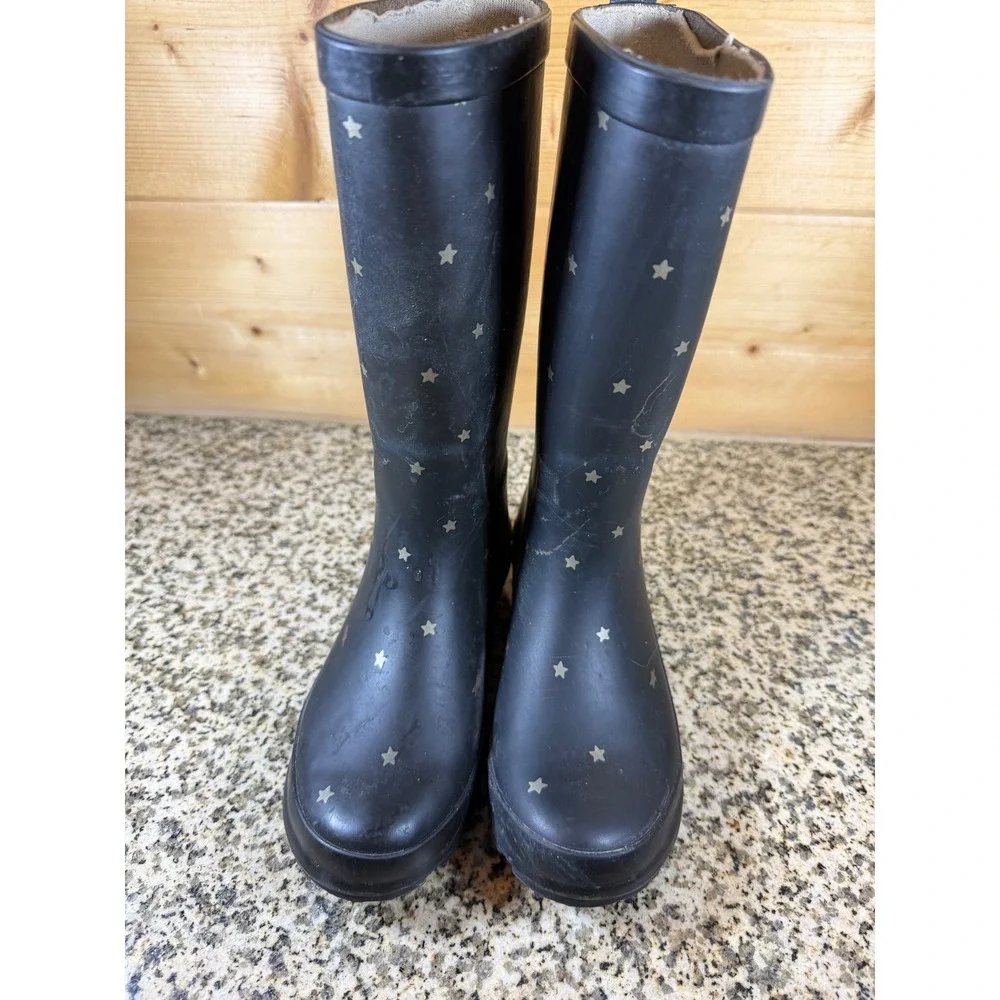 Black Rubber Star Print Rain Boots Waterproof Mid-Calf Pull On Size 1